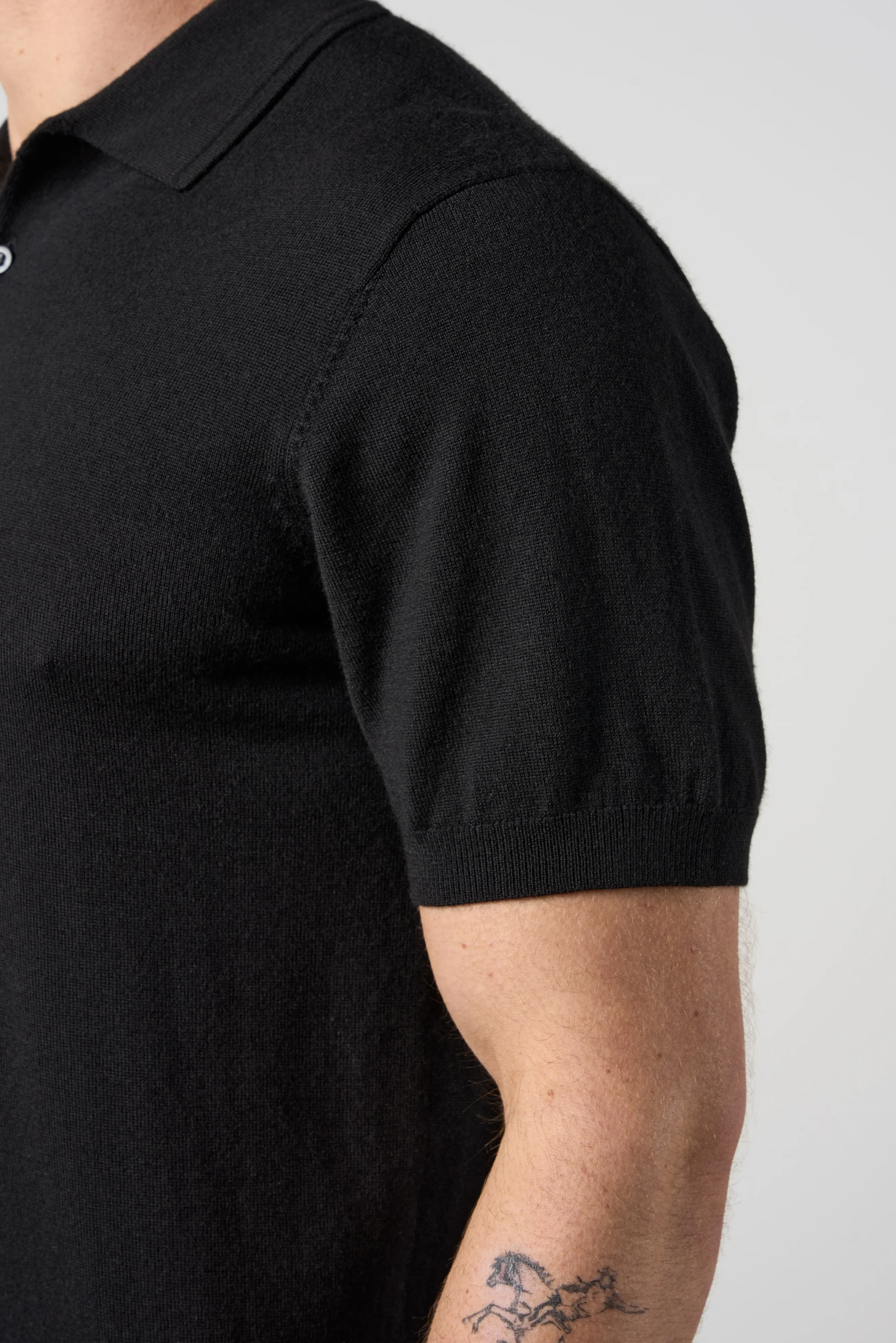Merino Wool Button Polo Shirt Black - Image 5