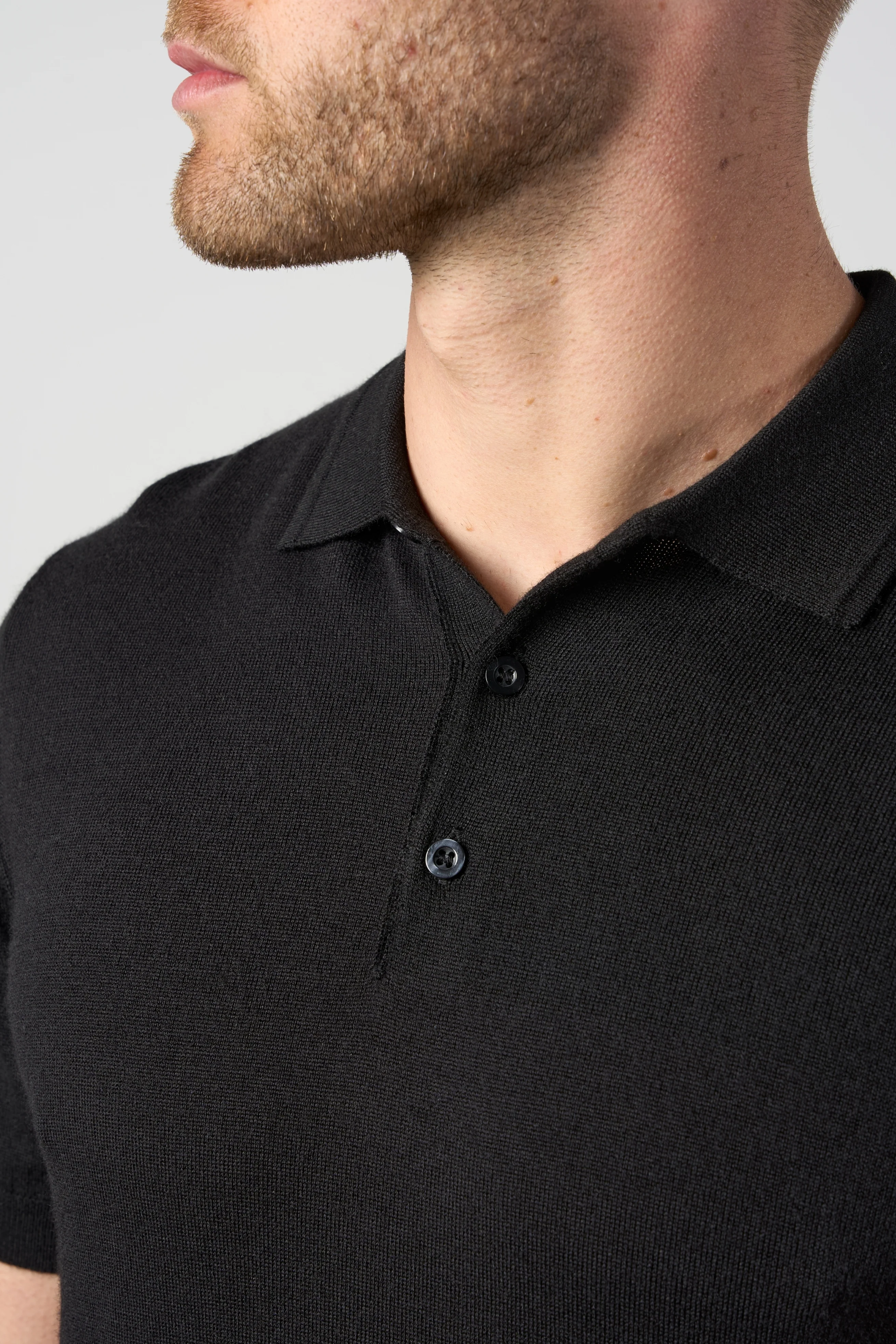 Merino Wool Button Polo Shirt Black - Image 6