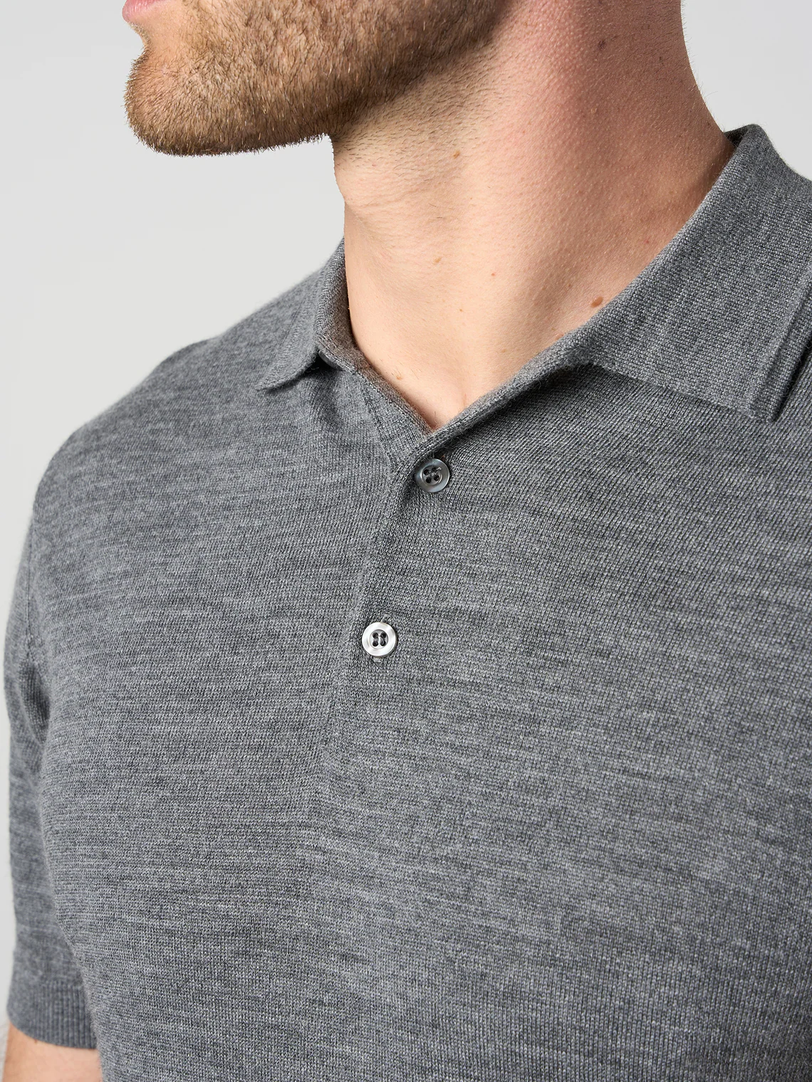 Merino Wool Button Polo Shirt Charcoal Marl - Image 4