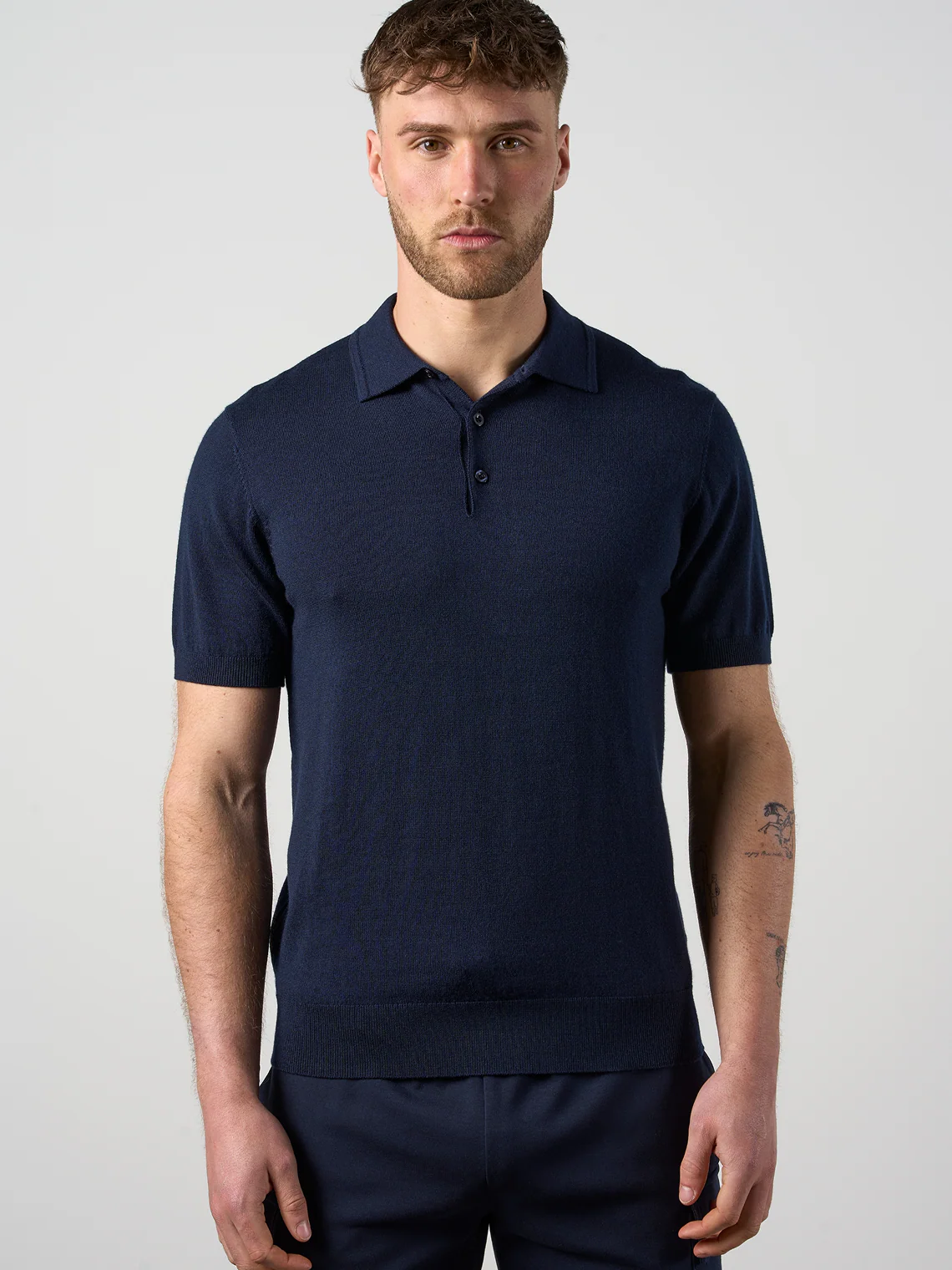Merino Wool Button Polo Shirt Navy