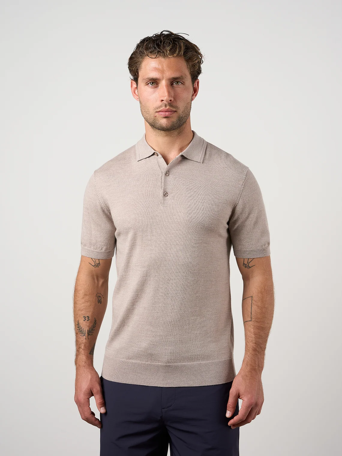 Merino Wool Button Polo Shirt Warm Wheat Marl