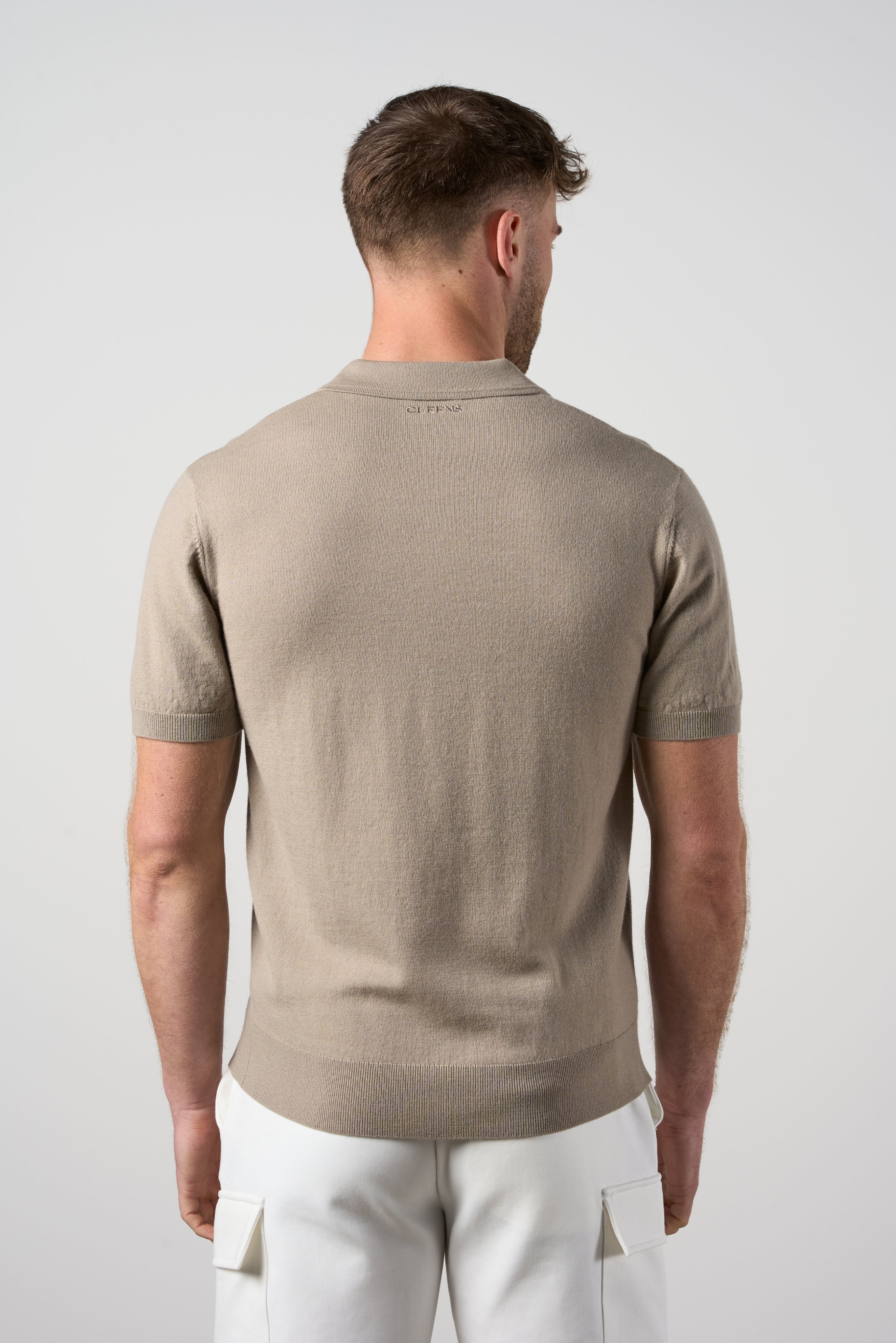 Merino Wool Button Polo Shirt Taupe - Image 3