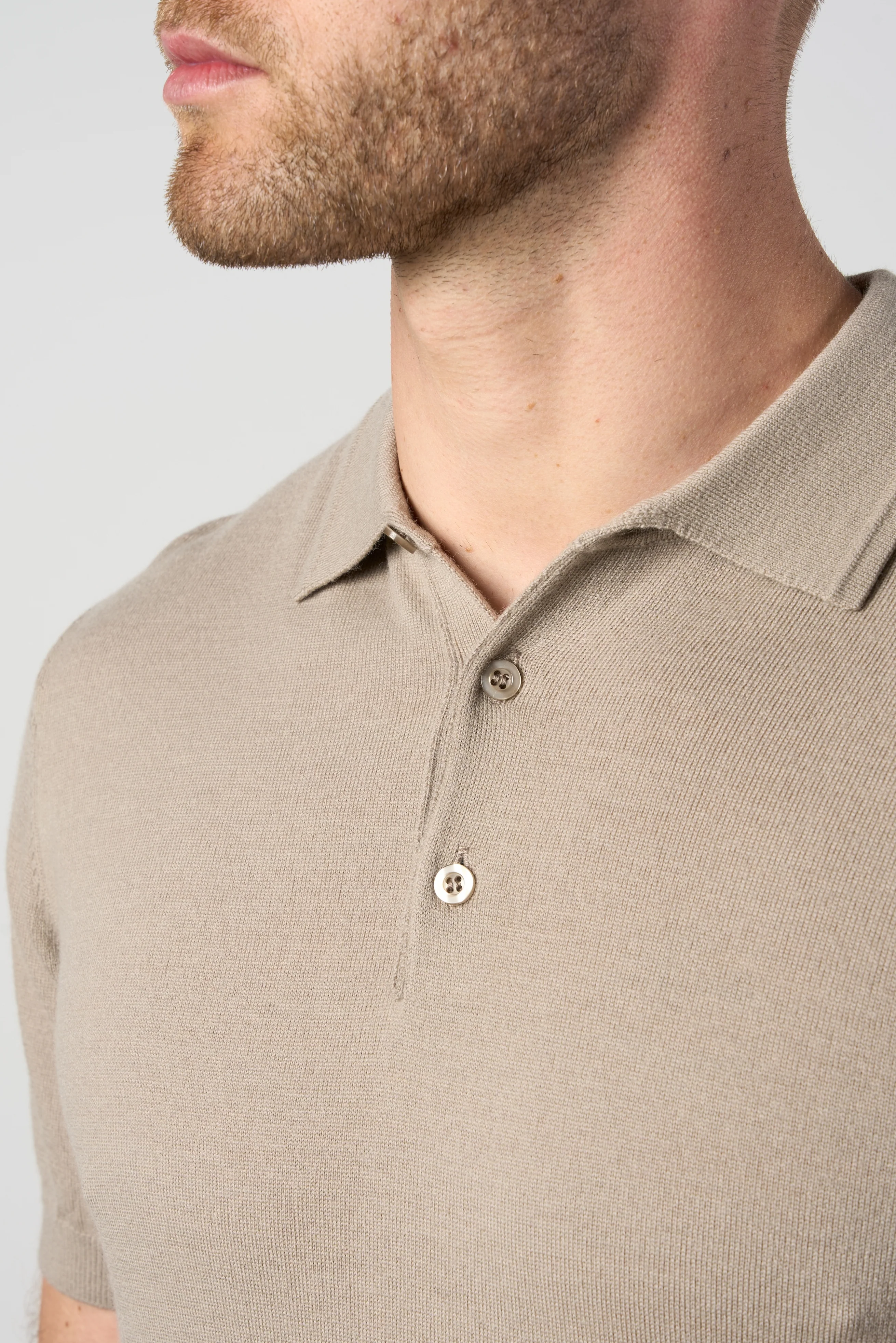 Merino Wool Button Polo Shirt Taupe - Image 6